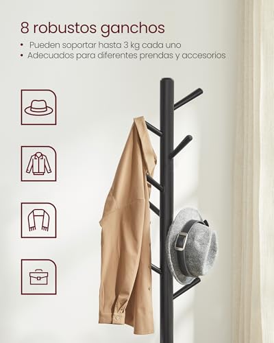 Miniatura 3 de Vasagle Perchero, Madera Maciza, En Forma De Árbol, 8 Ganchos Para Chaquetas, Sombreros, Para Pasillo, Ganchos Y Barra De Soporte De Madera De Caucho, Negro Rcr004b01