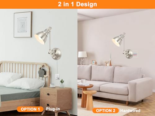 Image of 2 Pack Plug in Wall Sconces with Remote Control, Dimming, Adjustable Colors 2700K-6500K, Swing Arm Wall Lamps with Night Light & Timer, Plug-in or Hardwired, LED Bulbs Included, Brushed Nickel