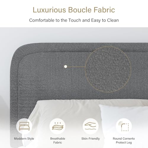 Image of BarnFurin Twin Bed Frame, Cloud Boucle Headboard, Rounded Corners, Grey | Soft boucle and rounded edges create a low-profile cloud look. Wooden slats support the mattress without a box spring