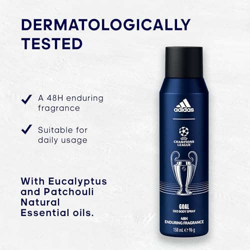 adidas UEFA Champions League Goal Edition Deo Body Spray, 48H Deo-Schutz, grüner Fougère Duft mit natürlichen ätherischen Ölen für Männer, 150ml