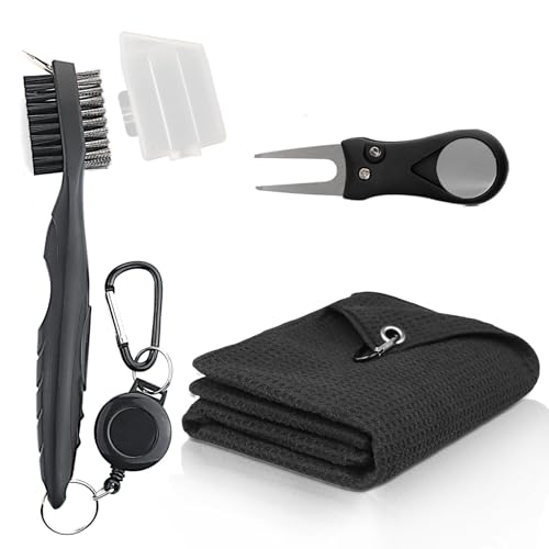 Golf Reinigungsset mit Handtuch Pitchgabel Golf Reinigungsbürste für Golfclubs & Divot Repair Tool - 3-in-1 Golfzubehör für Männer Perfekte Golfgeschenke