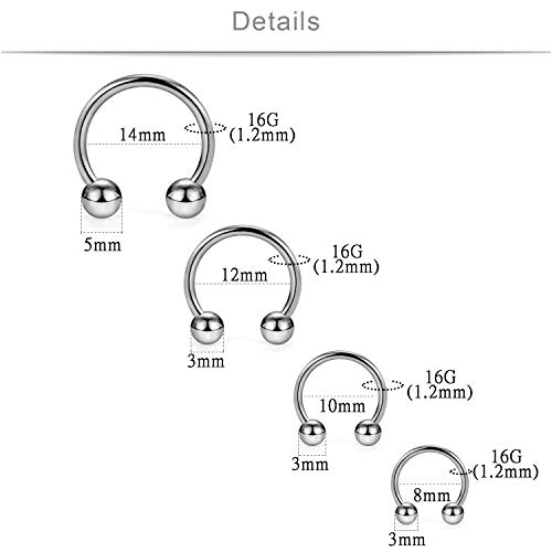 Scerring 8Pcs 16G G23 Titanium Horseshoe Septum Ring Nose Rings Hoop Helix Daith Cartilage Tragus Earrings Nipple Eyebrow Body Piercing Jewelry 8Mm 10Mm 12Mm 14Mm #TOP4