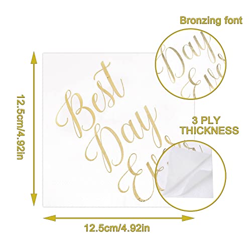 100 Pcs "Best Day Ever" Wedding Cocktail Napkins - 3-Ply White And Gold Cocktail Napkins Wedding Party Supplies - Eco-Friendly Party Napkins For Dessert Beverage, Bridal Shower & Table Decorations #TOP6