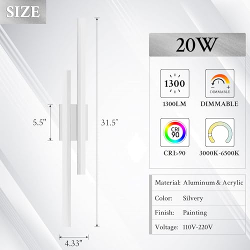 Image of LED Wall Sconce Silver Modern Remote Wall Light Fixtures for Living Room, Dimmable LED Vanity Light Indoor Remote Wall Sconce for Bedside Bedroom Bathroom Dining Room, L31.5inch 1 Pack