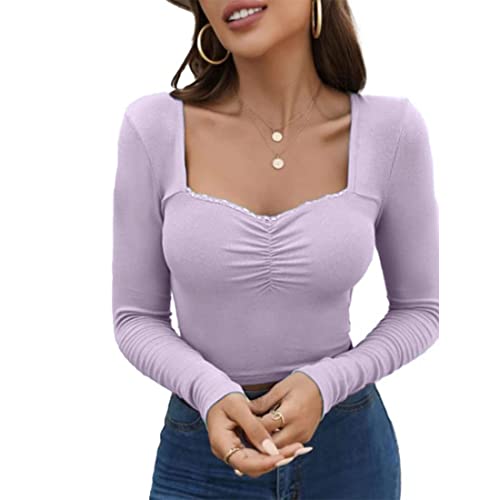 Image of GLARE & BLAIR Sweetheart Neck Lace Trim Long Sleeve Regular Fit Ribbed Tops for Women