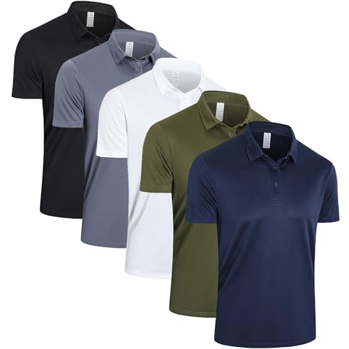 5 Pack Polo Shirts for Men Quick Dry Performance Short Sleeve Golf Moisture Wicking Athletic Collar Tops