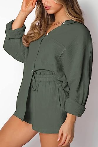 Image of Trendy Queen Two Piece Sets For Women Summer Short Sets | Matching Two Piece Pajama, Lounge Wear, Linen Set, Button-down Top with Matching Shorts, Perfect for Beach, Resort Wear