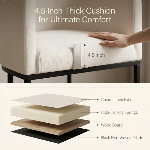 Image of HNY Modern Counter Height Linen Fabric Cream Upholstered Counter Stool, 29 Inch Kitchen Island Stool with Black Tubular Frame