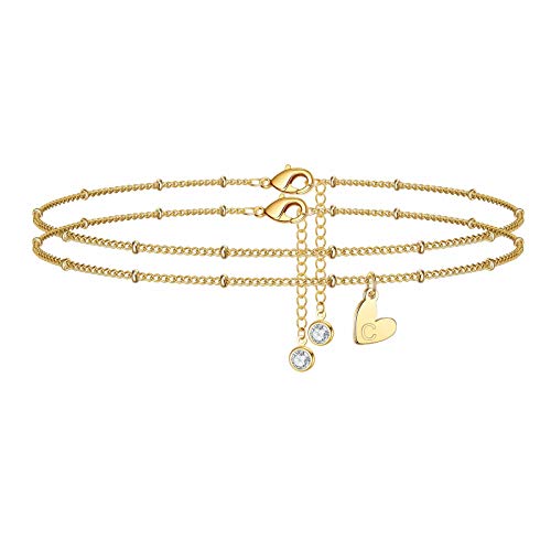 MONOOC Heart Initial Ankle Bracelets for Women, 14K Gold Plated Layered Bohemian Letter Anklets with Initial C Womens Gold Boho Summer Beach Double Anklets for Women Jewelry