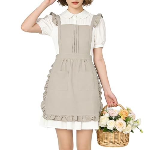 Vintage Ruffle Apron for Women with Pocket Frilly Kitchen Cooking Waitress Maid Costume Skirt StyleBeige