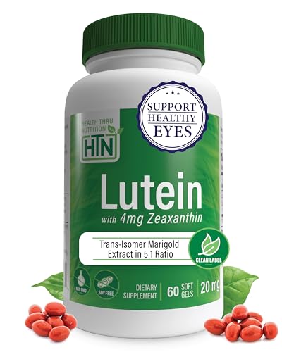 Image of Lutein 20mg with Zeaxanthin 4mg 60 Softgels | Trans-Isomer Marigold Extract in Nature Identical 5:1 Ratio | Supports Healthy Eye, Skin and Brain | Non-GMO Soy & Gluten Free | by Health Thru Nutrition