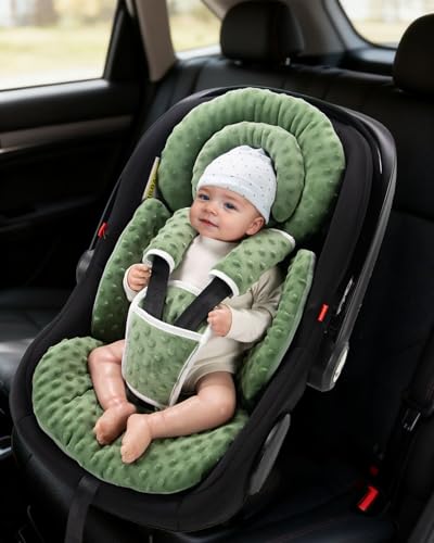 Image of TinlyFinly Infant Car Seat Insert with Extra Cushion for Preemie to Toddler, Reversible Newborn Carseat Insert for Baby Head Body Support, Fits for Stroller, Baby Swing, Bouncer - Dots, Dark Green