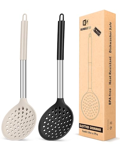 Kitchen Ladle Strainer Set of 2 Large Slotted Spoon with High Heat Resistant BPA Free Non Stick Cooking Skimmers For Draining & Frying (Black-Khaki)