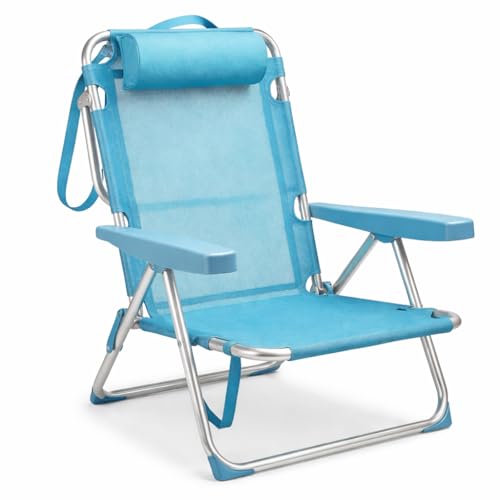 TIENDA EURASIA – Silla de Playa Plegable | Azul Turquesa | Estructura de Aluminio y Textileno | 4 Posiciones | con Cojín reposacabezas | Medidas 60x22x85.5 cm | para Peso Máximo de 110Kg