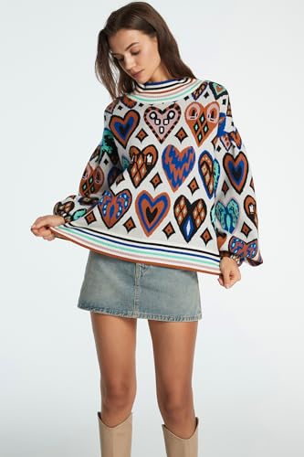 D-Sun Women Long Sleeve Printed Sweater Mock Neck Heart Printed Pullover Sweater Fashion Color Block Knit Ribbed Jumper Top2