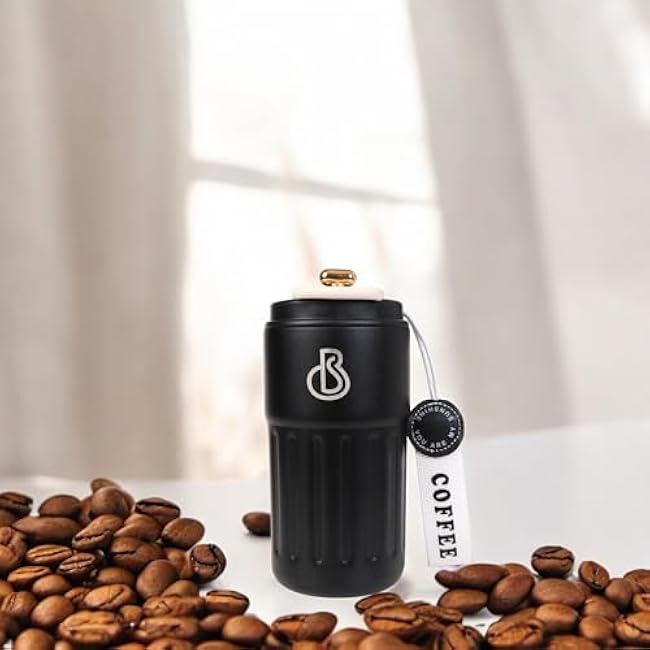 Vacuum Insulated Coffee Tumbler with Lid, 14 oz (400 ml), Double Wall Stainless Steel Coffee Mug with Handle Strap, Leak Proof Reusable Portable Thermos Cup for Hot & Cold Drinks ¨C Black