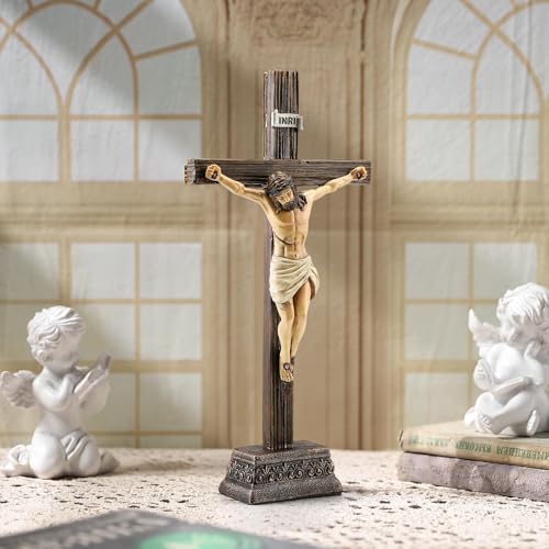 Magicsculp 10.8 H Jesus Crucifix Statue - Resin Standing Wall Cross Decoration Praying Religious Figurine Jesus Christ Catholic Display Hanging or Tabletop with Stand for Home Decor