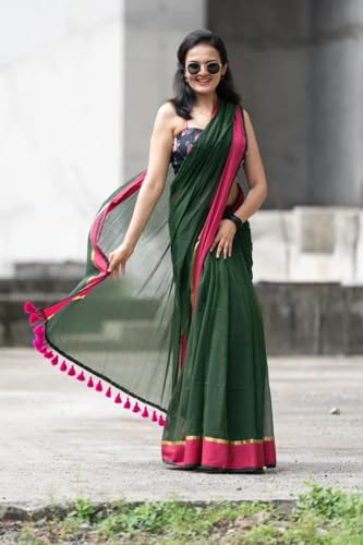 Image of Sudip callection Handloom Mul Cotton Saree for Women - Bottle Green with Pink Border Golden Zari Line & Tassel Pallu