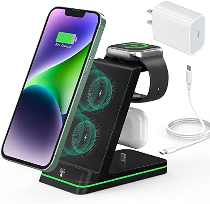 Charging Station for Apple Devices, 3 in 1 Wireless Charger Stand with 20W USB C Adapter Compatible with iPhone 14 13 12 11 Pro Max 8 XS XR, Fast Charging Stand Dock for Apple Watch Series & AirPods