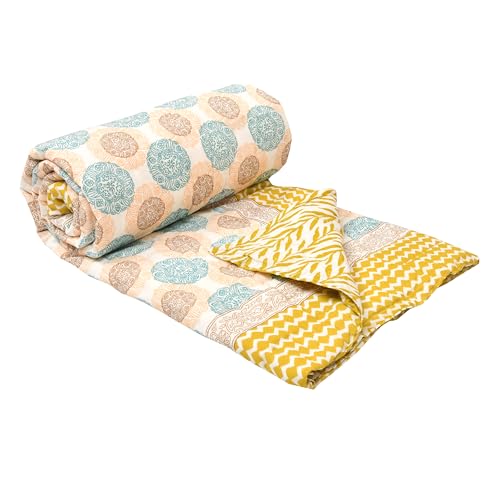Image of BLOCKS OF INDIA Cotton Single Size Quilt Hand Block Print for Light Winters (60X90 Inches) (Green Chakri, 300 Tc)