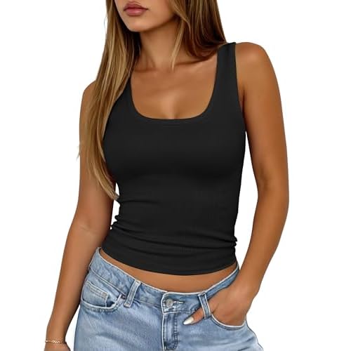 Tank Top for Women Ribbed Square Neck Sleeveless Basic Crop Tops Slim Fitted Cute Going Out Y2k Clothes Summer Black Medium