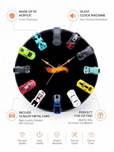 Image of FANCY THINGS 12 Mini Car Decorative Wall Clock, Black Acrylic Analog Clock with Silent Non-Ticking Movement, Collector Room Decor for Car Lovers, Kids Room, Gaming Room, Bedroom and Office
