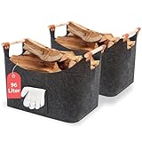 FINEW Holzkorb für Kaminholz 2 Stück, 96L Kaminholzkorb mit Handschuhen 60 x 40 x 40CM, Große Filzkorb Feuerholzkorb zur Aufbewahrung von Brennholz, Zeitungen, Holz, Spielzeug