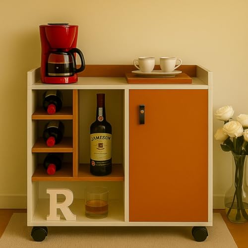 Aparador Balcão Adega Bar Buffet Com 1 Porta Rodinhas OffWhite/Nature