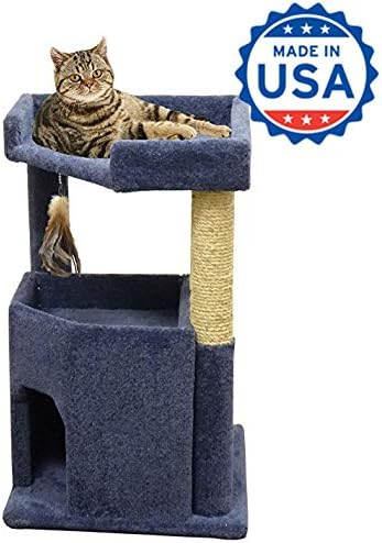 CozyCatFurniture 33 inches Wooden Kitty Cat House, Made in USA for Large Cats with Sisal Scratching Post and Thick Blue Carpet