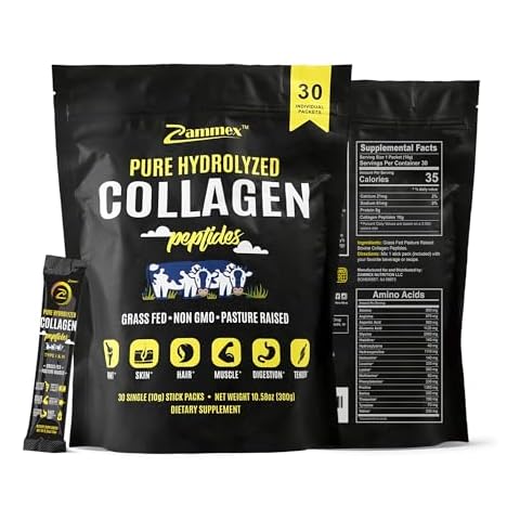Zammex Premium Collagen Peptides Powder, 30 Sticks Travel Packets(Type I, III), Unflavored Collagen Protein Powder to Go, Hydrolyzed Collagen Peptide for Skin Hair Nail Joint, 10g per Serving Cover