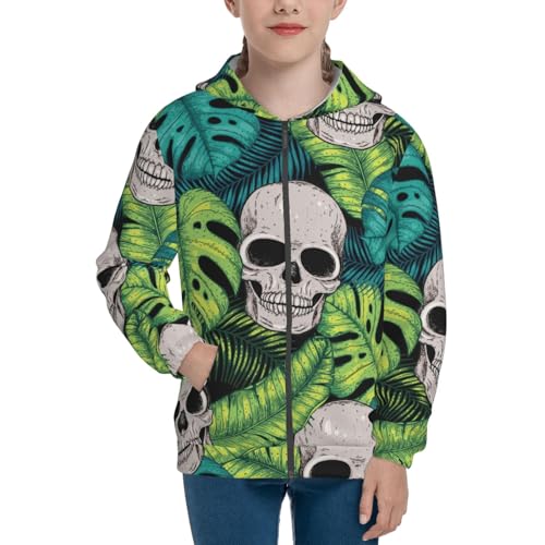 Skull and Palm Leaves Kid Hoodies Boys Zip Up Sweatshirts Girls Pullover with Pocket3
