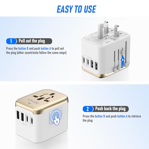 Image of VYLEE Universal International Power Travel Plug Adapter, 5 in 1 European Travel Plug Adapter W / 3.5A 2xUSB-A and 2xUSB C Wall Charger and Worldwide AC Outlet for Europe USA UK AUS Asia (White Gold)