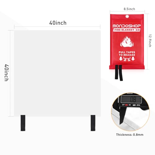 Mondoshop Silicone Fire Blanket for Home - 2Pack 40"x40" Emergency Fire Blankets for Kitchen, Fire Retardant Blankets for Car, Camping, Grill, Office, Warehouse, School, Picnic