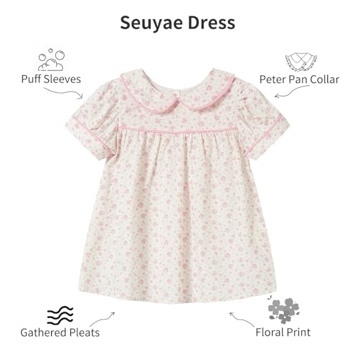 Girl Pink Floral Dress Smocked Front Peter Pan Collar Dresses Breathable3