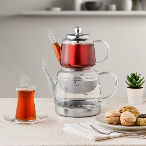 Image of Borosilicate Glass Teapot Set | Heat-Resistant Turkish Tea Maker with Stainless Steel Infuser and Metal Base | 2.5 lt Total Capacity, Drip-Free Spouts, Clear Glass Samovar Style (BRILLANT TEAPOT)