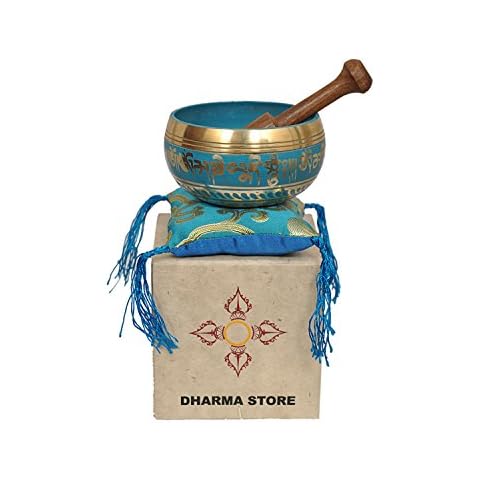 Tibetan Singing Bowl Set By Dharma Store - With Traditional Design Tibetan Buddhist Prayer Flag - Handmade in Nepal (Turquoise with box) Cover