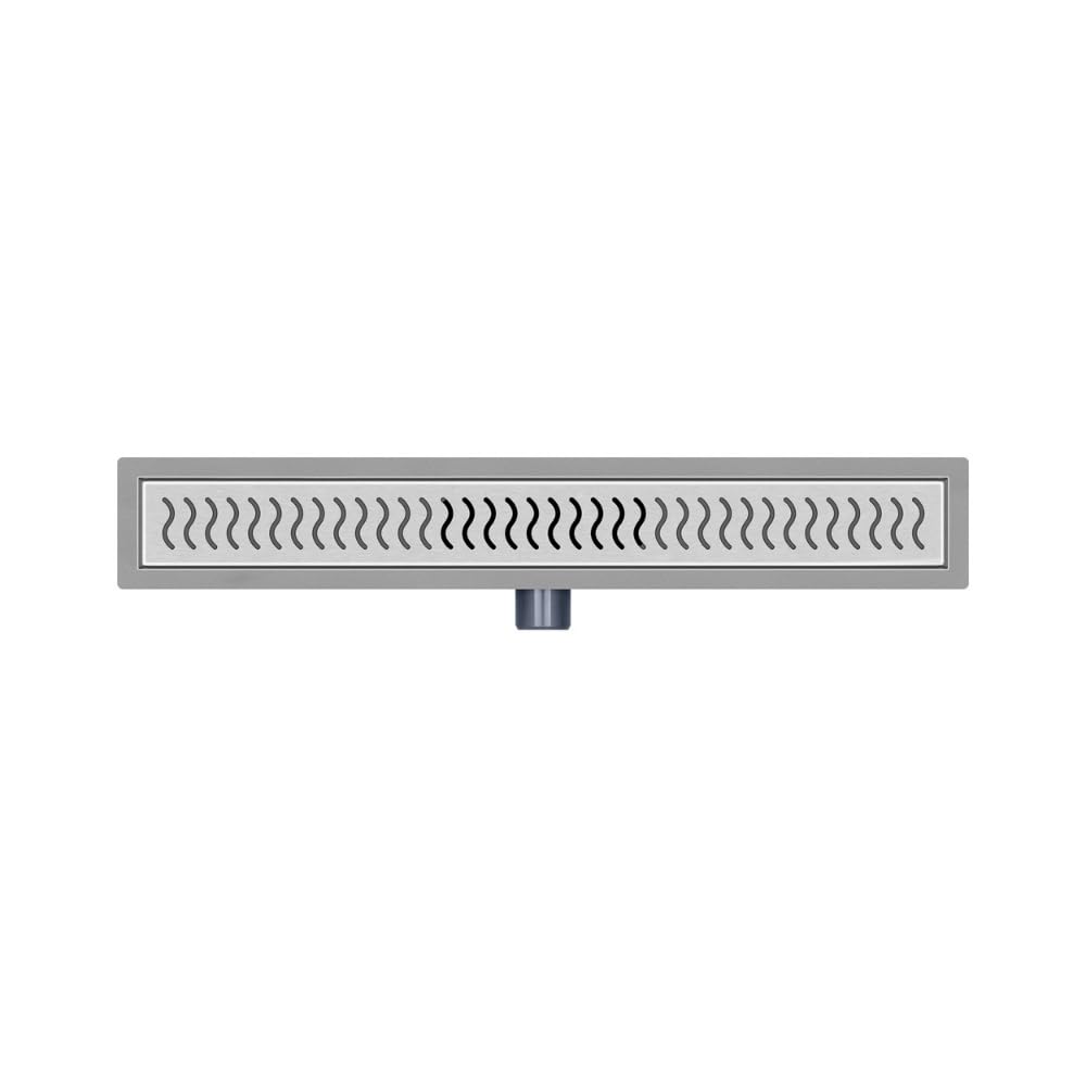 Canaleta de ducha de acero inoxidable, juego completo con rejilla ONDA, con sifón, pies de montaje, incluye manguito de sellado, doble cámara, desagüe de suelo, longitud 60 cm