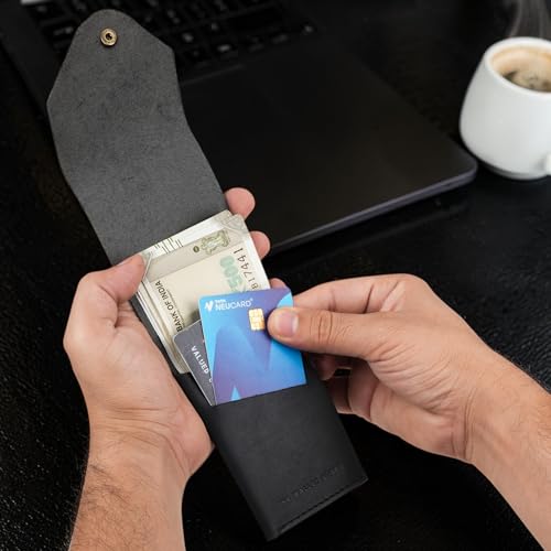 Image of The Wallet Store Flip 2.0 Genuine Leather Vertical Slim Wallet for Men | Easy Quick Card Access | Compact Front Cash Pocket & Button Lock | Minimalist Travel & Daily Carry Wallet (Black)