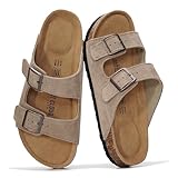 Project Cloud 100% Genuine Leather Flat Sandals For Women 2026 Cork Footbed Womens Sandals with Memory Foam and arch support Vacation Essentials Slides for Women Footwear (Venita,DRIFTSUEDE,9)