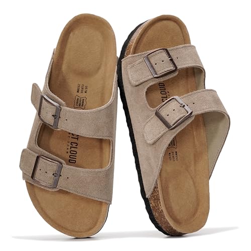 Project Cloud 100% Genuine Leather Flat Sandals For Women 2026 Cork Footbed Womens Sandals with Memory Foam and arch support Vacation Essentials Slides for Women Footwear (Venita,DRIFTSUEDE,9)