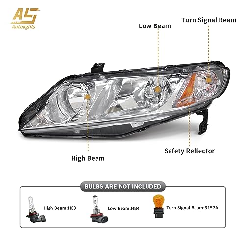 AS Headlight Assembly Compatible with 2006-2011 Honda Civic 4-Door Sedan fit for 2006 2007 2008 2009 2010 2011 Civic 4DR Headlamps Replacement Chrome Housing Amber Reflector by AS - Image 3