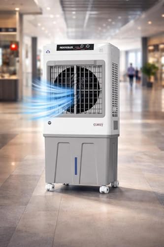 Image of Rocksun Curvv Desert Air Cooler with Honeycomb Pads, 16-Inch Fan, 4000 m /hr Airflow, Auto Swing Louvres, 3-Side Cooling, Powerful 200W Desert Air Cooler for Home & Office (Curvv 90.)