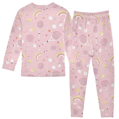 Fustylead Cute Tennis Rackets Rainbows Flowers on Pink 2-Piece Cotton Pajama Set, Long Sleeve Top and Matching Bottom2