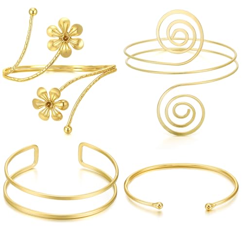 YVVLEE 4PCS Gold Silver Arm Cuff Jewelry for Women Upper Arm Cuff Bangle Band Armlet Adjustable Minimalist Coil Arm Armband Set
