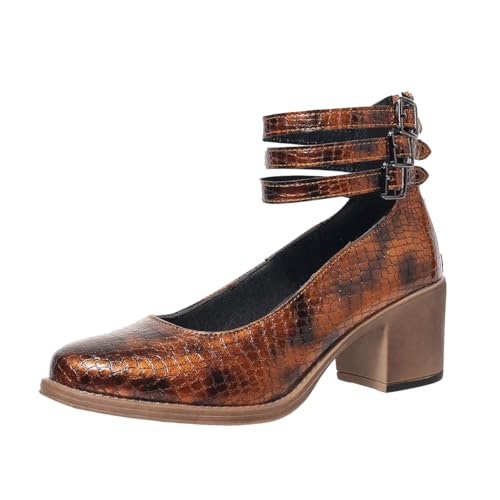 Women's Pumps Closed Toe Retro Mary Jane Comfortable Chunky Low Block Heels Triple Buckle Strap Dress Shoes