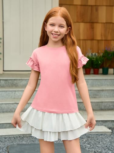 Image of Haloumoning Girls Ruffle Short Sleeve T Shirts Kids Summer Crewneck Tops Cute Tees Blouse 5-14 Years