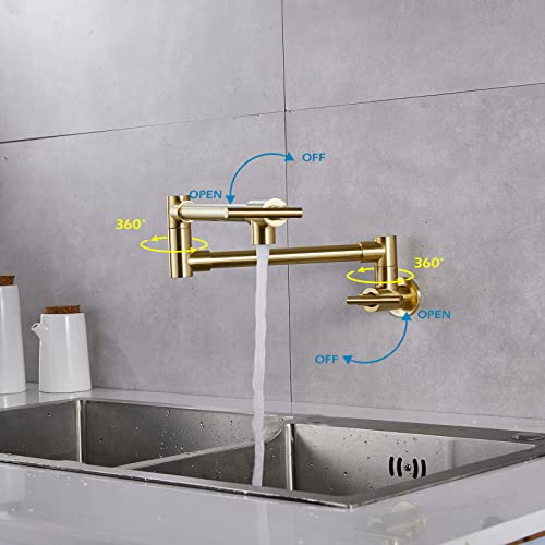 Yccuza Pot Filler Faucet For Kitchen Wall Mount Pot Filler Brushed Golden Stainless Steel Kitchen Sink Stove Folding Faucet Single Hole With Double Joint Swing Arm 2 Handles To Control Water 2 Valve #TOP5