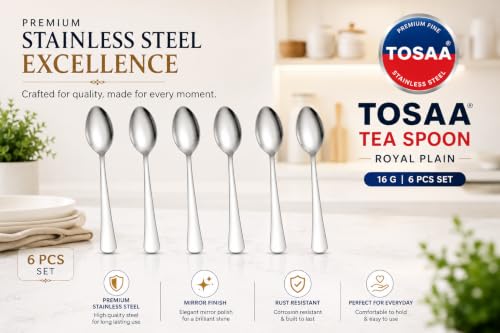 Image of Tosaa Tea Spoon Royal Plain 16G-6-Piece Stainless Steel Spoon Set, Set of 6 for Everyday Use,Rust-Resistant & Dishwasher Safe