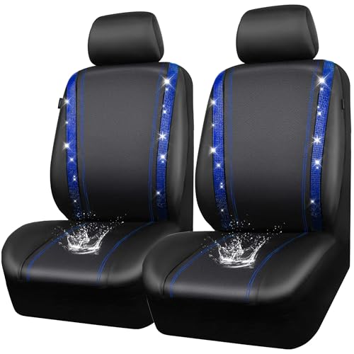 Image of CAR PASS Leather Diamond Bling Car Seat Covers 2 Front Interior Sets, Waterproof Universal Shining Glitter Crystal Sparkle Fit for 95% Automotive Truck SUV Cute Women Girl, Black Blue Rhinestone