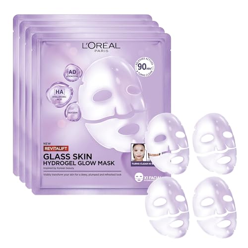 L'Oréal Paris - Masque Visage Hydrogel Éclat, Hydratation Intense, Effet Repulpant à l'Acide Hyaluronique, Inspiré de la Skincare Coréenne - Lot de 4 -...